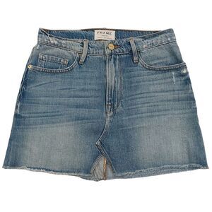 Frame Le Mini Stoneview Denim Skirt Womens 24 Blue Preppy Raw Hem Distressed